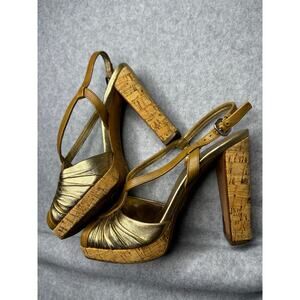 Prada Metallic Gold Leather Cork Platform Heels Ankle Strap | COA 37.5